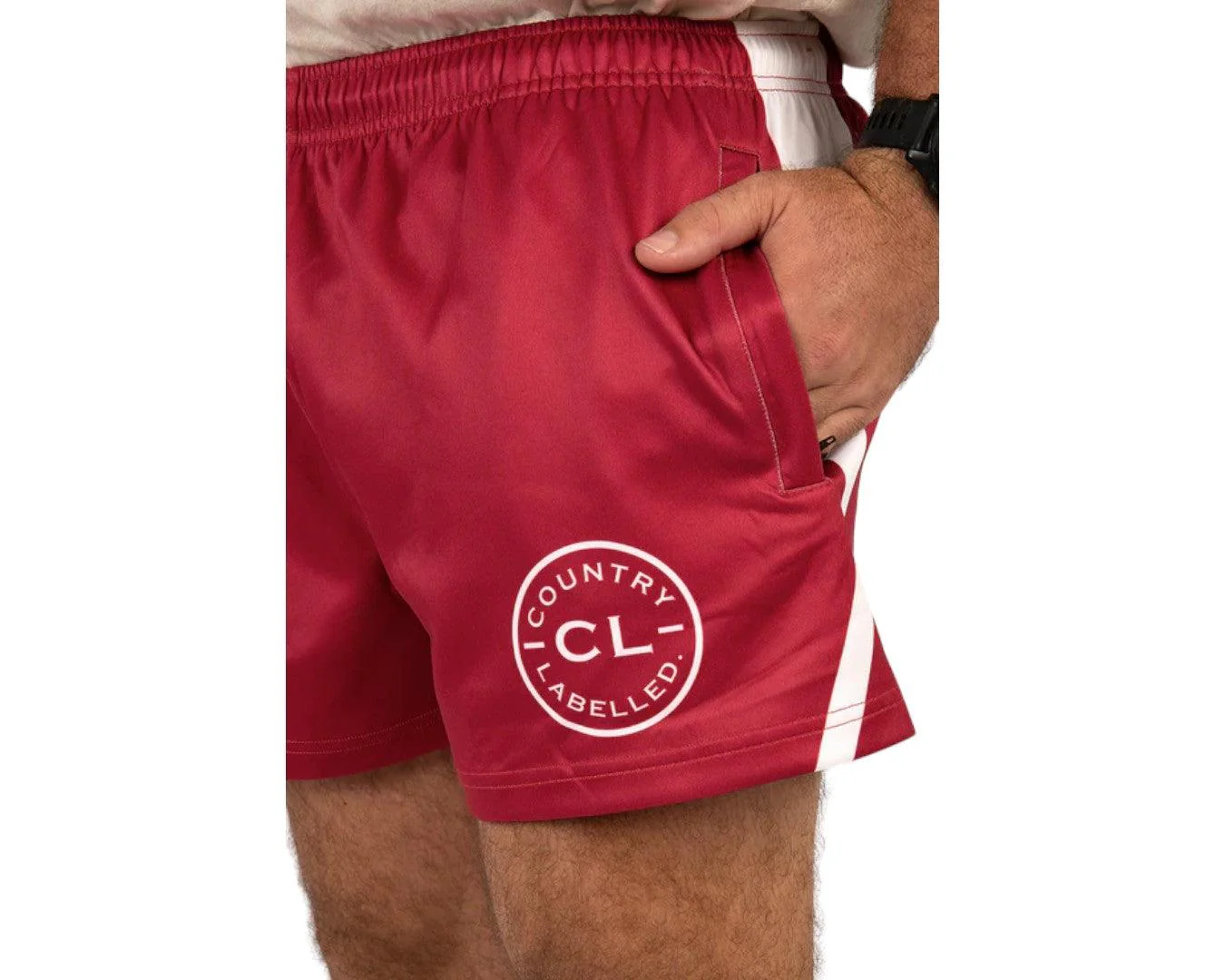 Country Labelled Footy Shorts - Burgundy & White - Image 3