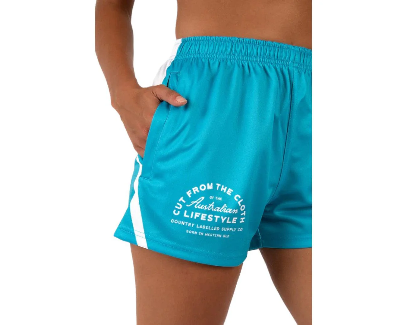 Country Labelled Footy Shorts - Teal & White - Image 2