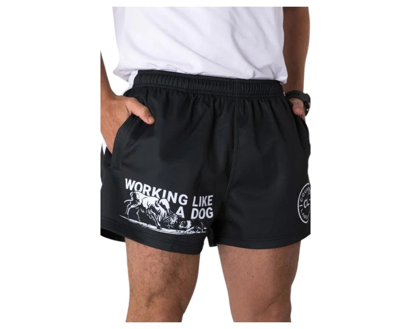 Country Labelled Footy Shorts - Working Like A Dog - Image 2