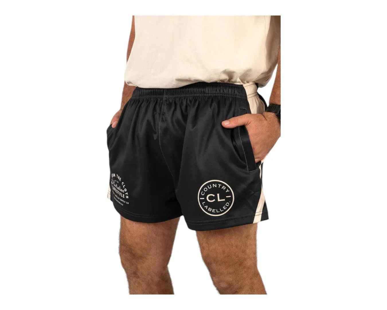Country Labelled Footy Shorts - Black & Tan