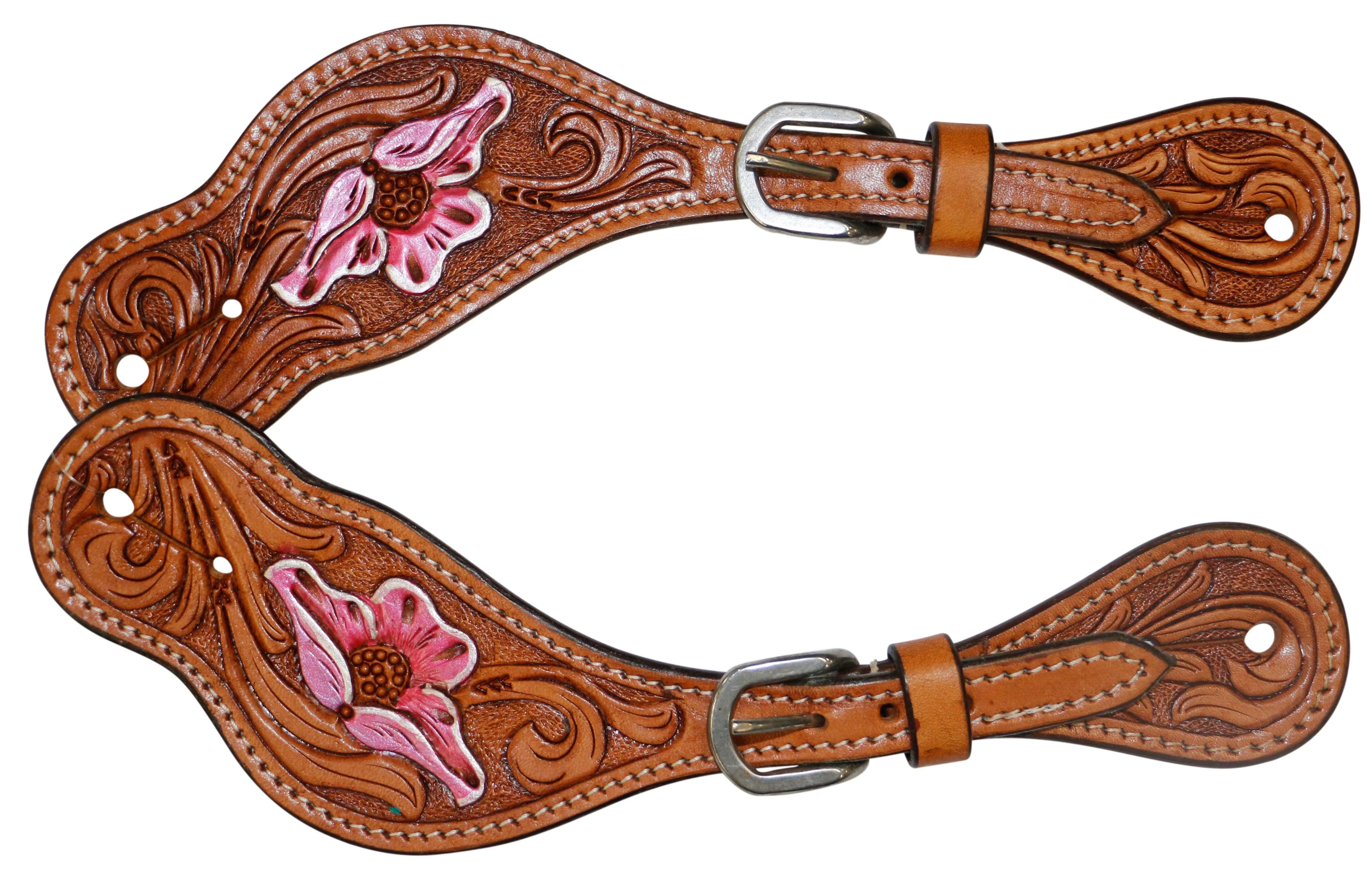 Fort Worth Pink Floral Carved Spur Straps