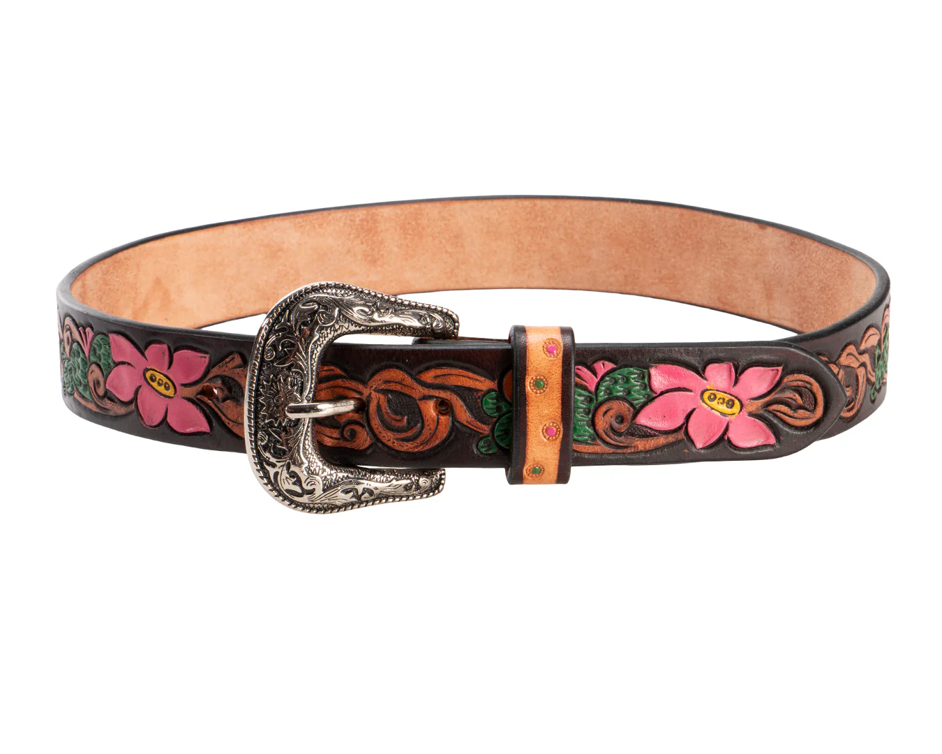 Fort Worth Tooled Leather Belt- Cactus Flowers