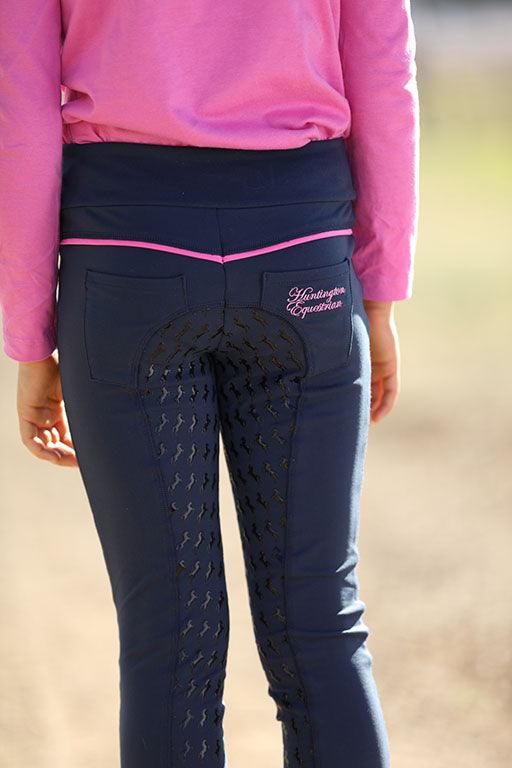 Huntington Girls Pull-On Full Seat Gel Stretch Breeches - Navy/Pink - Image 3