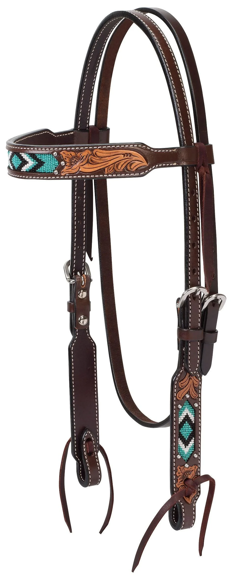 Weaver Turquoise Beaded Browband Headstall Floral Carved